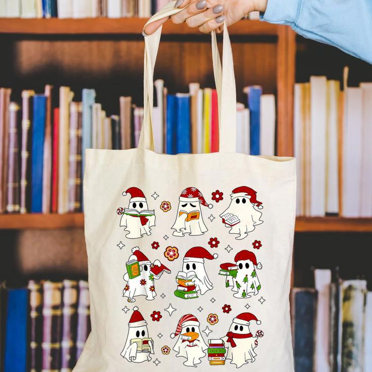 Santa Ghost Reading Books Christmas Library Teacher Canvas Tote Bag, funny gift Santa Ghost Reading Books Christmas Library Teacher Canvas Tote Bag, funny gift