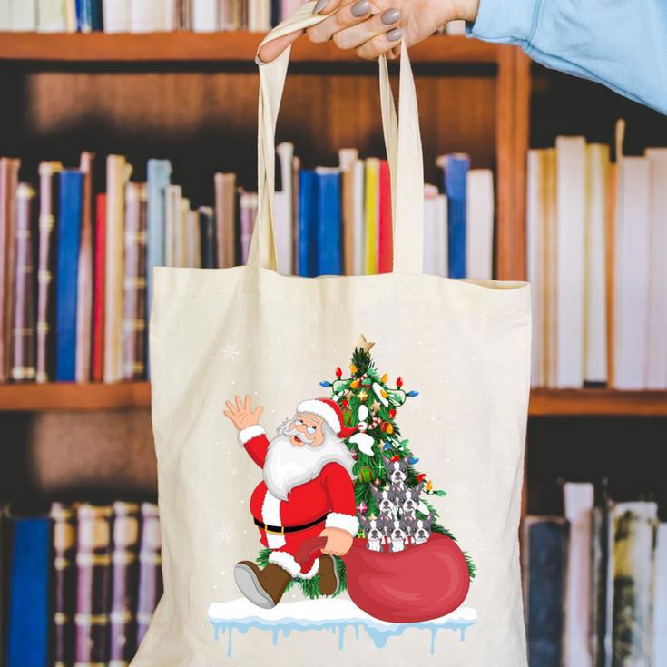 Santa Ugly Christmas Tree Lights Boston Terrier Dog Lover Canvas Tote Bag, Boston Terrier Christmas Tote Bags, funny gift