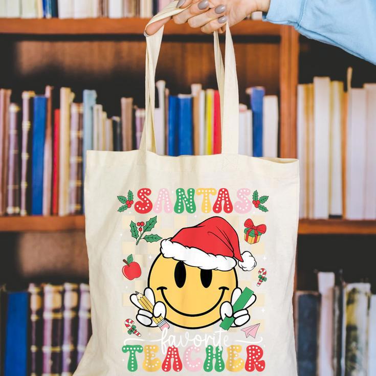 Santas Favorite Teacher Retro Groovy Smile Face Christmas Canvas Tote Bag, Groovy Teacher Tote Bags, funny gift Santas Favorite Teacher Retro Groovy Smile Face Christmas Canvas Tote Bag, Groovy Teacher Tote Bags, funny gift