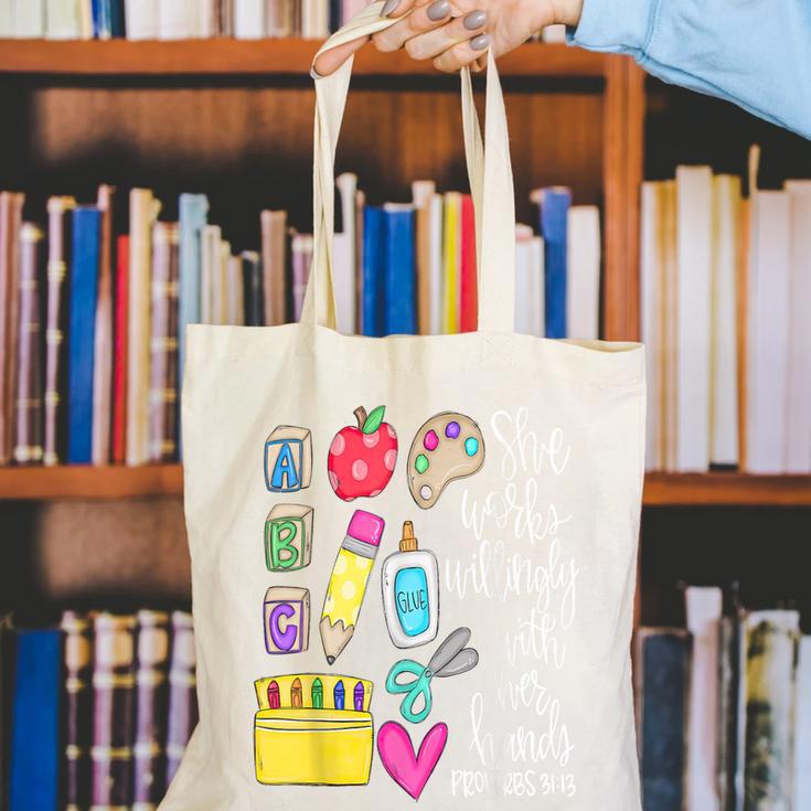 She Works Willingly With Her Hands Proverbs Daycare Teacher Men Women Canvas Tote Bag, funny gift She Works Willingly With Her Hands Proverbs Daycare Teacher Men Women Canvas Tote Bag, funny gift