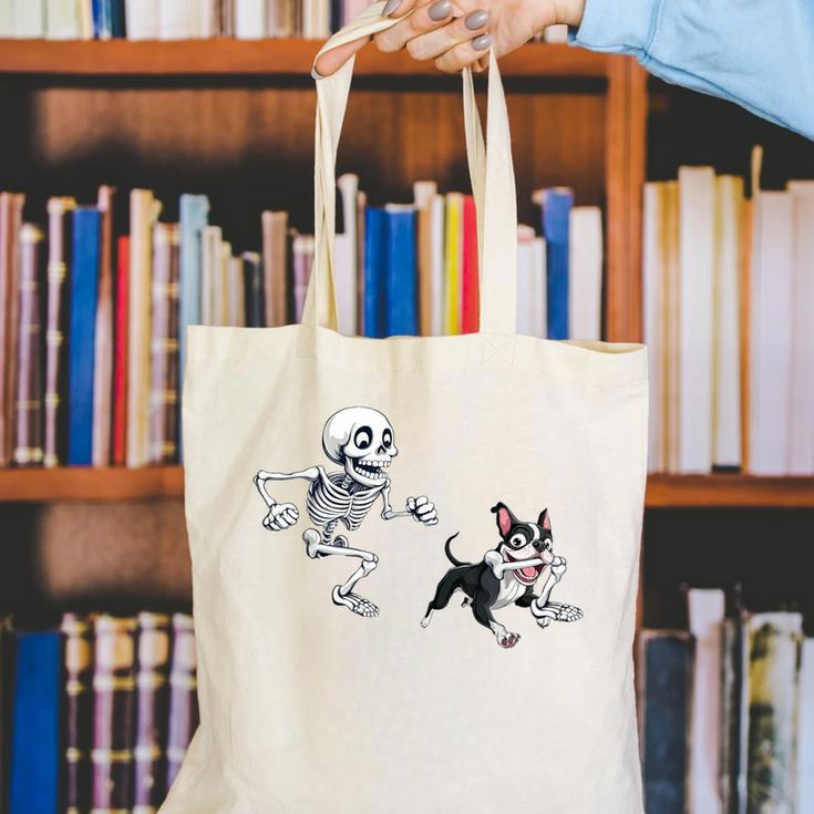 Skeleton Chasing Dog Boston Terrier Halloween Pet Lover Canvas Tote Bag, Boston Terrier Halloween Tote Bags, funny gift