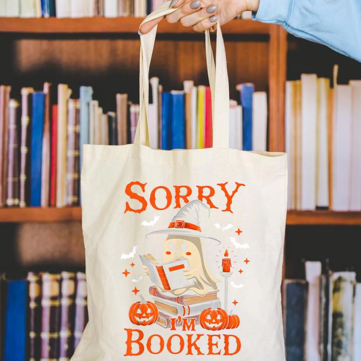 Sorry I'm Booked Ghost Reading Book Lover Teacher Halloween Canvas Tote Bag, funny gift
