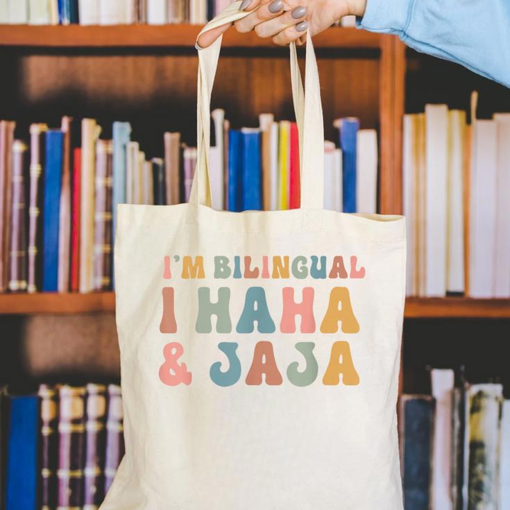 Spanish Teacher Groovy I'm Bilingual I Haha And Jaja Canvas Tote Bag, Groovy Teacher Tote Bags, funny gift Spanish Teacher Groovy I'm Bilingual I Haha And Jaja Canvas Tote Bag, Groovy Teacher Tote Bags, funny gift