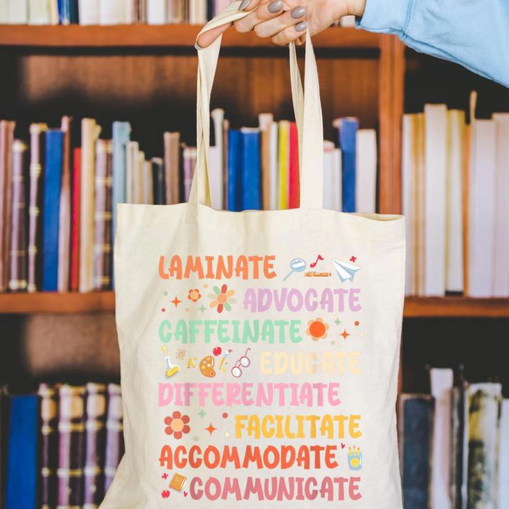 SPED Caffeinate Advocate Laminate Educate Teacher Facilitate For Men Women Canvas Tote Bag, funny gift SPED Caffeinate Advocate Laminate Educate Teacher Facilitate For Men Women Canvas Tote Bag, funny gift