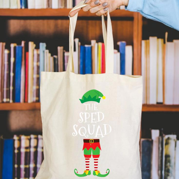 SPED Squad Elf Teacher Matching Christmas Party Pajama Canvas Tote Bag, funny gift SPED Squad Elf Teacher Matching Christmas Party Pajama Canvas Tote Bag, funny gift