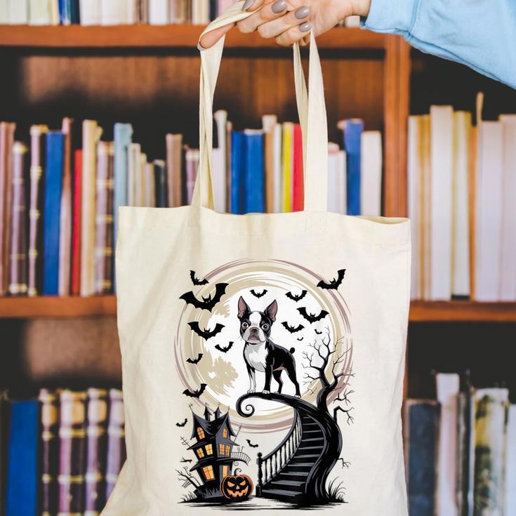 Spooky Halloween Moon Boston Terrier Boston Bull Bostie Canvas Tote Bag, Boston Terrier Halloween Tote Bags, funny gift