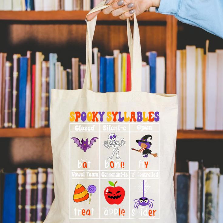 Spooky Syllables Teacher Halloween Educational Kids Canvas Tote Bag, funny gift Spooky Syllables Teacher Halloween Educational Kids Canvas Tote Bag, funny gift
