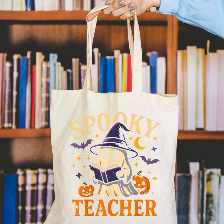 Spooky Teacher Halloween Cute Ghost Pumpkin Reading Women Canvas Tote Bag, funny gift