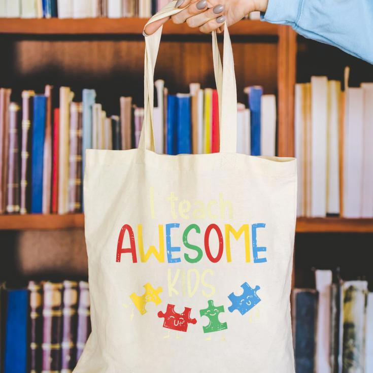I Teach Awesome Kids Shirt Autism Special Education Teacher Canvas Tote Bag, funny gift