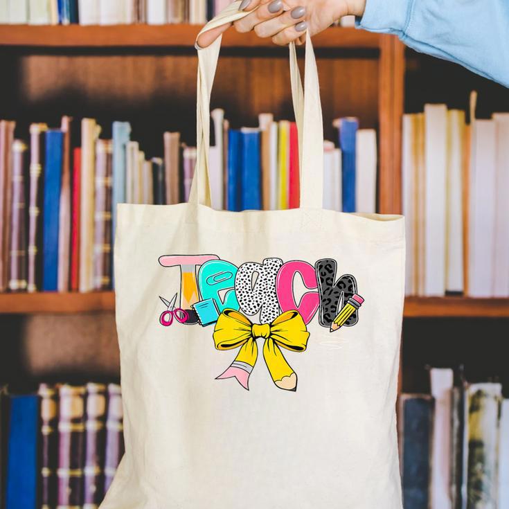 Teach Coquette Bow Teacher Back To School Happy First Day Canvas Tote Bag, funny gift Teach Coquette Bow Teacher Back To School Happy First Day Canvas Tote Bag, funny gift