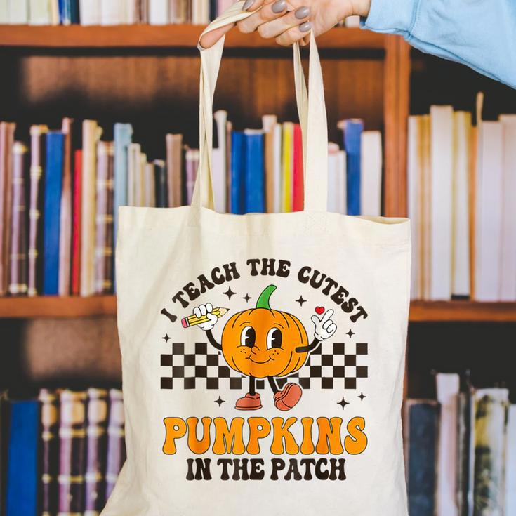 I Teach The Cutest Pumpkins In The Patch Groovy Teacher Fall Canvas Tote Bag, Groovy Teacher Tote Bags, funny gift