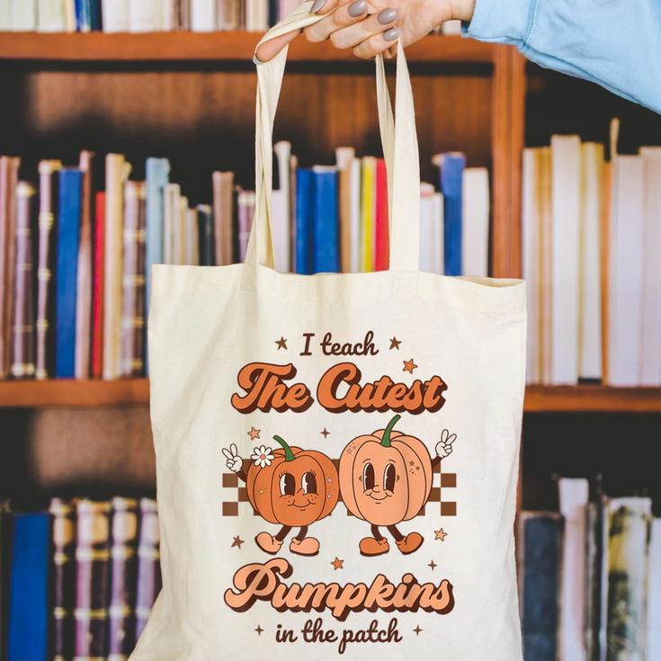 I Teach The Cutest Pumpkins In The Patch Retro Teacher Fall Canvas Tote Bag, funny gift