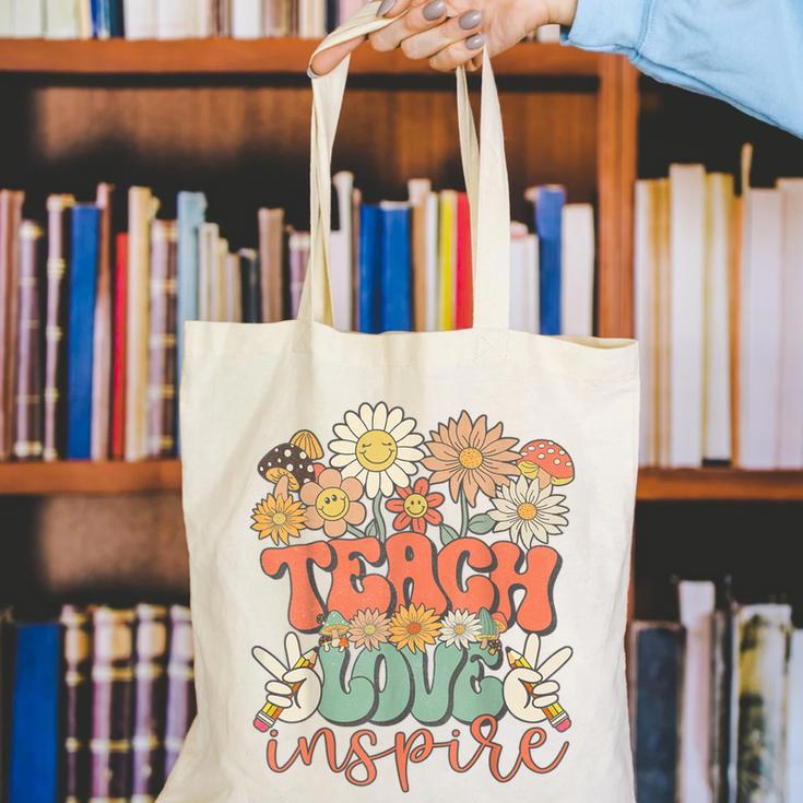 Teach Love Inspire Retro Groovy Daisy Back To School Teacher For Men Women Kids Canvas Tote Bag, Groovy Teacher Tote Bags, funny gift Teach Love Inspire Retro Groovy Daisy Back To School Teacher For Men Women Kids Canvas Tote Bag, Groovy Teacher Tote Bags, funny gift