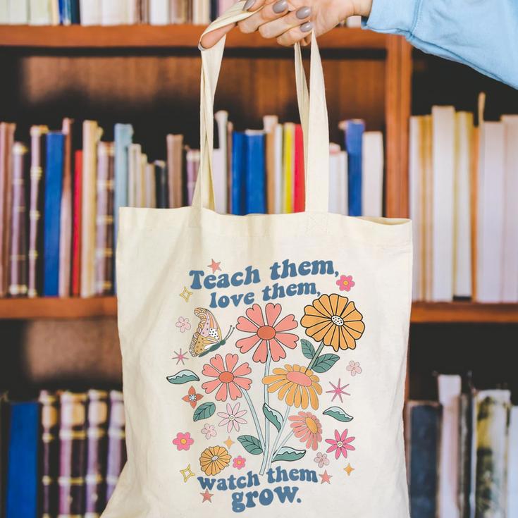 Teach Them Love Them Watch Them Grow Retro Teacher Floral Canvas Tote Bag, funny gift