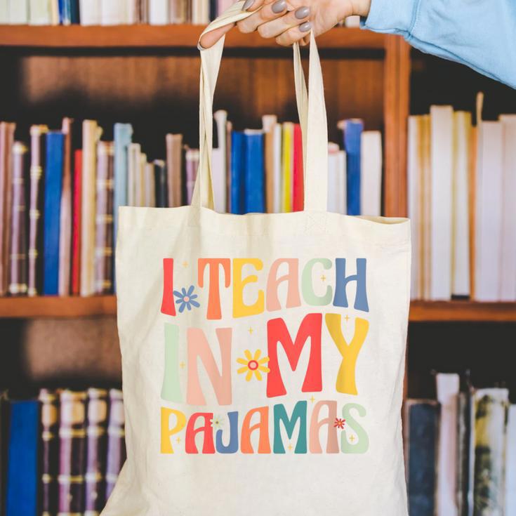 I Teach In My Pajamas Retro Groovy Teacher Humor Canvas Tote Bag, Groovy Teacher Tote Bags, funny gift