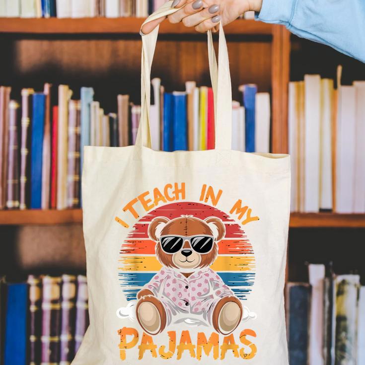 I Teach In My Pajamas Teacher Sunset Bear Retro Canvas Tote Bag, funny gift I Teach In My Pajamas Teacher Sunset Bear Retro Canvas Tote Bag, funny gift
