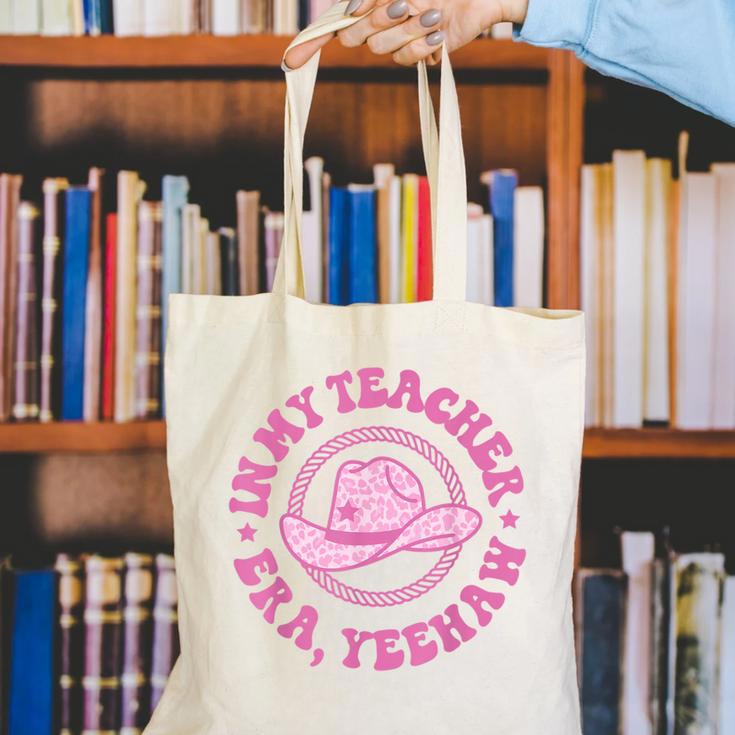 In My Teacher Era Yeehaw Pink Teacher Western Cowgirl Canvas Tote Bag, funny gift In My Teacher Era Yeehaw Pink Teacher Western Cowgirl Canvas Tote Bag, funny gift