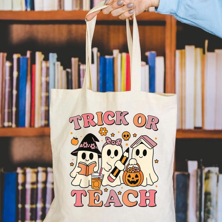 Teacher Halloween Trick Or Teach Cute Ghost Coffee Pumpkins Canvas Tote Bag, funny gift Teacher Halloween Trick Or Teach Cute Ghost Coffee Pumpkins Canvas Tote Bag, funny gift