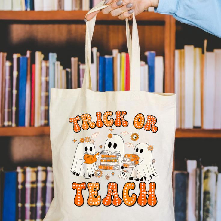 Teacher Halloween Trick Or Teach Retro Groovy Floral Ghost Canvas Tote Bag, Groovy Teacher Tote Bags, funny gift Teacher Halloween Trick Or Teach Retro Groovy Floral Ghost Canvas Tote Bag, Groovy Teacher Tote Bags, funny gift