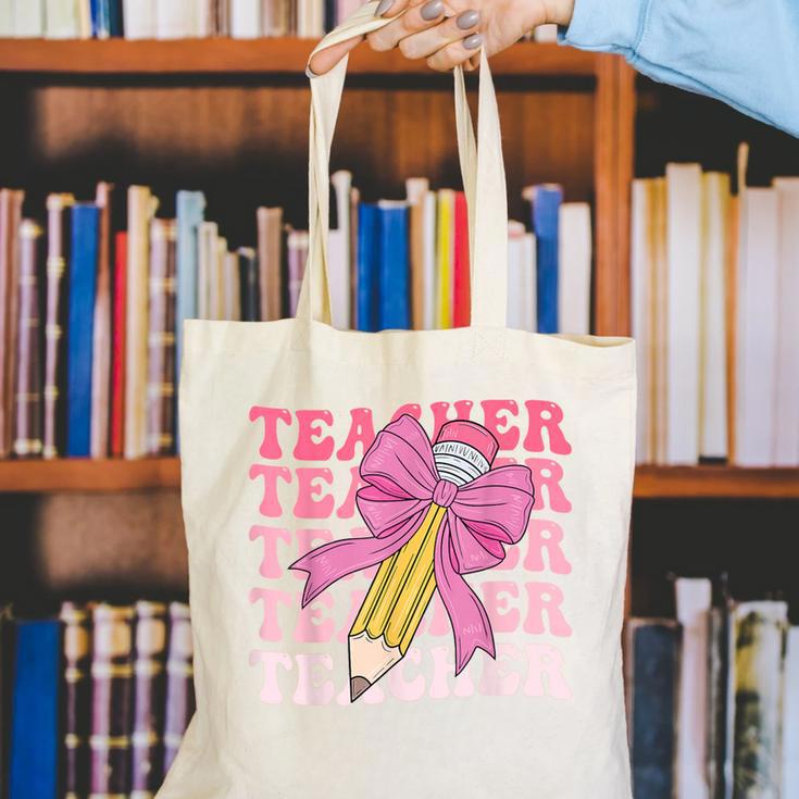 Teacher Pencil Back To School Groovy Pink Teacher First Day Canvas Tote Bag, Groovy Teacher Tote Bags, funny gift