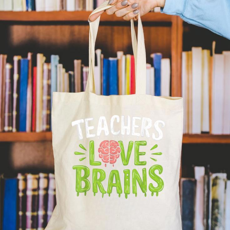 Teachers Love Brains Halloween Teacher Zombie Canvas Tote Bag, funny gift