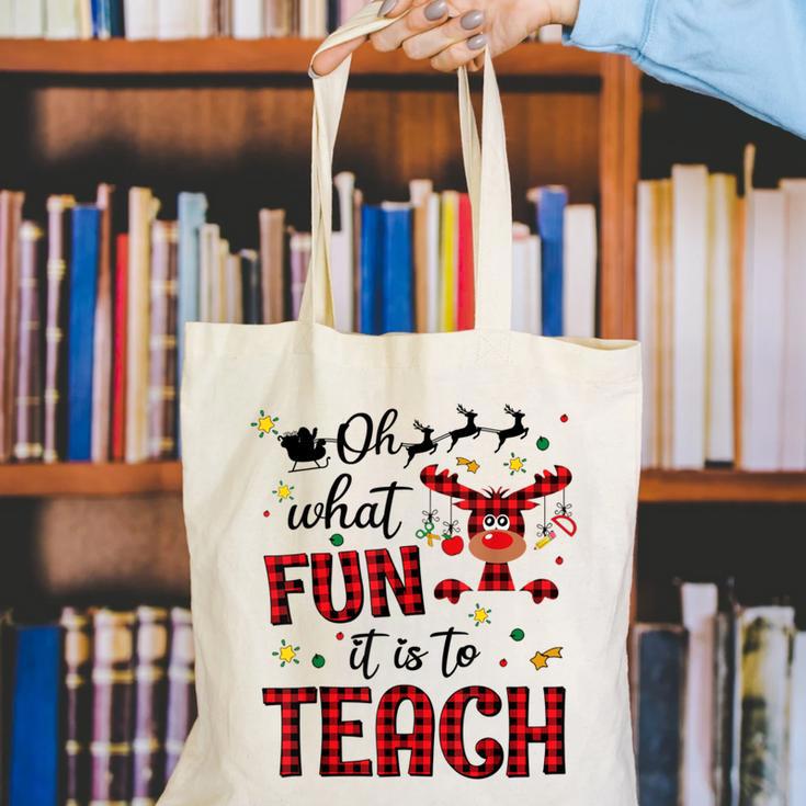 Teachers Oh What Fun It Is To Teach Cute Red Plaid Reindeer Canvas Tote Bag, funny gift