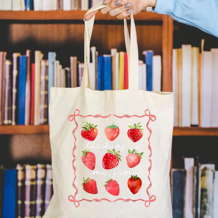 Teaching Is My Jam Strawberry Kinder Team Teacher Canvas Tote Bag, funny gift