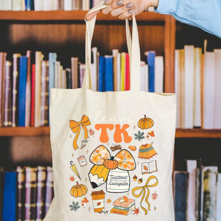 Team TK Crew Preppy Coquette Bow Pumpkin Fall TK Teacher Canvas Tote Bag, funny gift Team TK Crew Preppy Coquette Bow Pumpkin Fall TK Teacher Canvas Tote Bag, funny gift