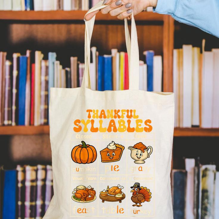 Thankful Syllables Teacher Thanksgiving Educational Kids Canvas Tote Bag, funny gift