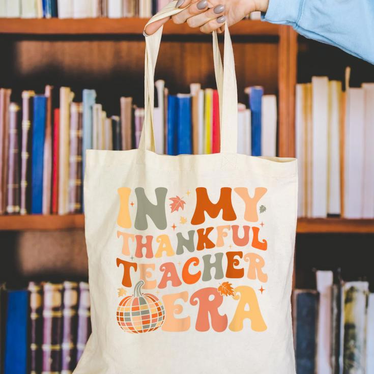In My Thankful Teacher Era Cute Groovy Thanksgiving Teacher Canvas Tote Bag, Groovy Teacher Tote Bags, funny gift