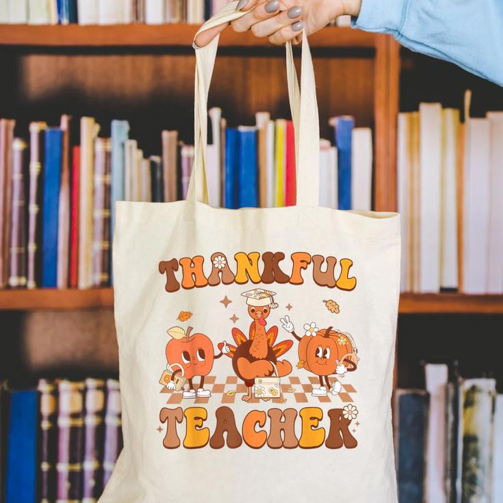 Thankful Teacher Retro Groovy Thanksgiving Fall Women Men Canvas Tote Bag, Groovy Teacher Tote Bags, funny gift