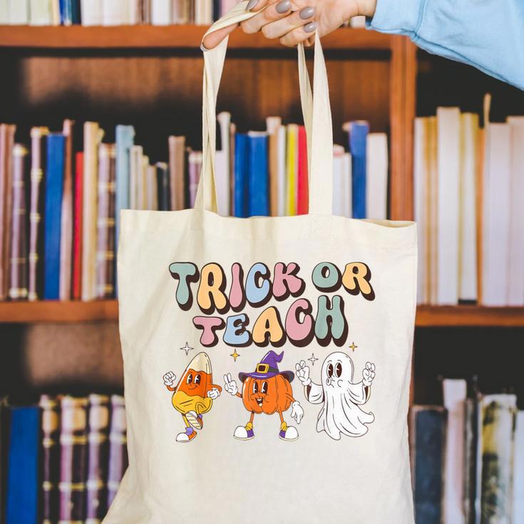 Trick Or Teach Candy Corn Pumpkin Ghost Teacher Canvas Tote Bag, funny gift