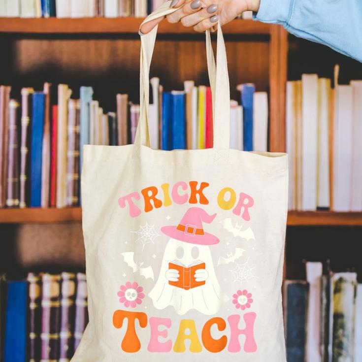 Trick Or Teach Cute Floral Ghost Teacher Halloween Costume Canvas Tote Bag, funny gift Trick Or Teach Cute Floral Ghost Teacher Halloween Costume Canvas Tote Bag, funny gift