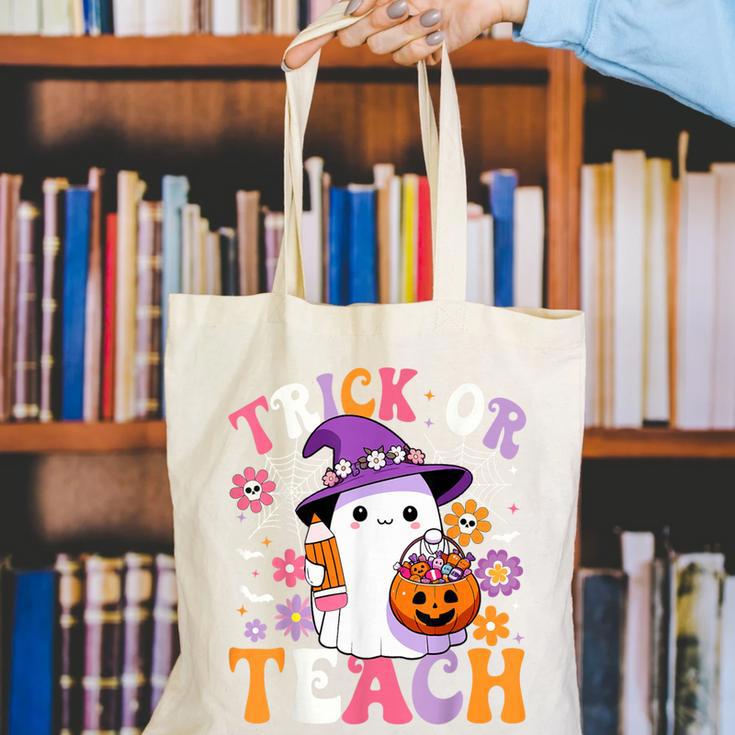 Trick Or Teach Groovy Teacher Ghost Halloween Teacher Canvas Tote Bag, Groovy Teacher Tote Bags, funny gift