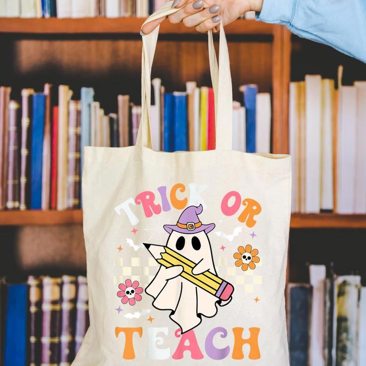 Trick Or Teach Groovy Teacher Halloween Retro Teacher Ghost Canvas Tote Bag, Groovy Teacher Tote Bags, funny gift Trick Or Teach Groovy Teacher Halloween Retro Teacher Ghost Canvas Tote Bag, Groovy Teacher Tote Bags, funny gift