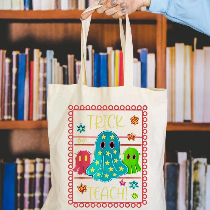 Trick Or Teach Neon Ghost Flower Teacher Spooky Halloween Canvas Tote Bag, funny gift Trick Or Teach Neon Ghost Flower Teacher Spooky Halloween Canvas Tote Bag, funny gift