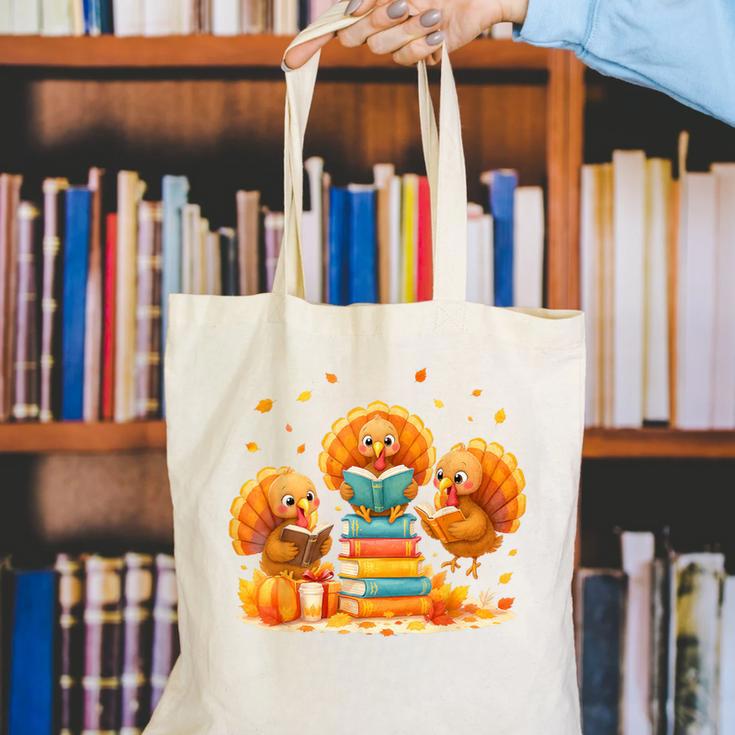 Turkey Read Books Reading Fall Thanksgiving Teacher Canvas Tote Bag, funny gift
