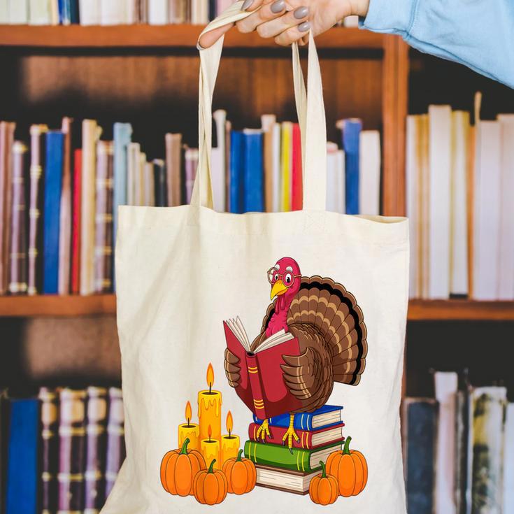 Turkey Reading Books Fall Thanksgiving Teacher Book Canvas Tote Bag, funny gift