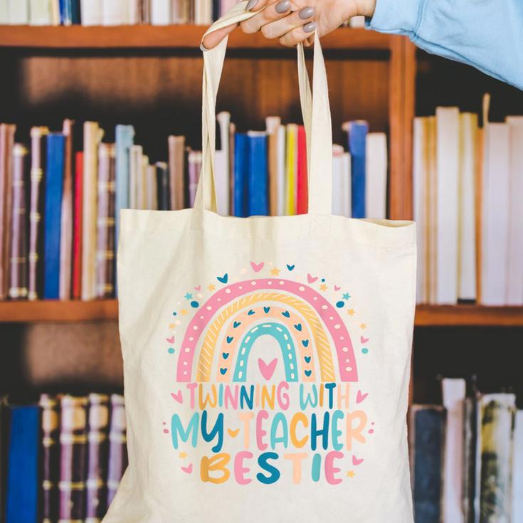 Twinning With My Teacher Bestie Rainbow Matching Teachers Canvas Tote Bag, funny gift Twinning With My Teacher Bestie Rainbow Matching Teachers Canvas Tote Bag, funny gift