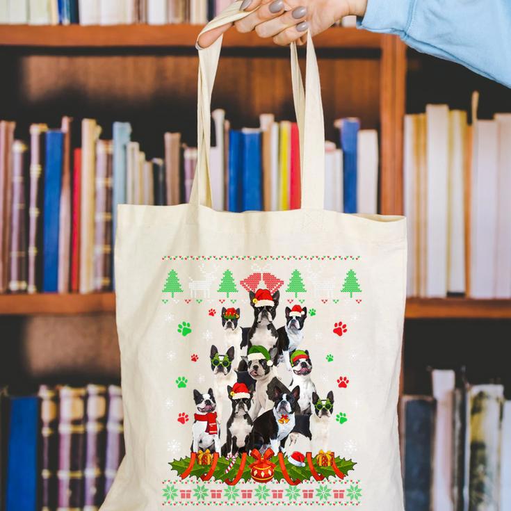 Ugly Sweater Christmas Tree Boston Terrier Dog Xmas Pajama Canvas Tote Bag, Boston Terrier Christmas Tote Bags, funny gift