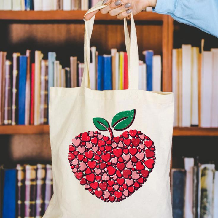 Valentines Day Teacher Hearts Apple Love Teach Women Men Canvas Tote Bag, funny gift