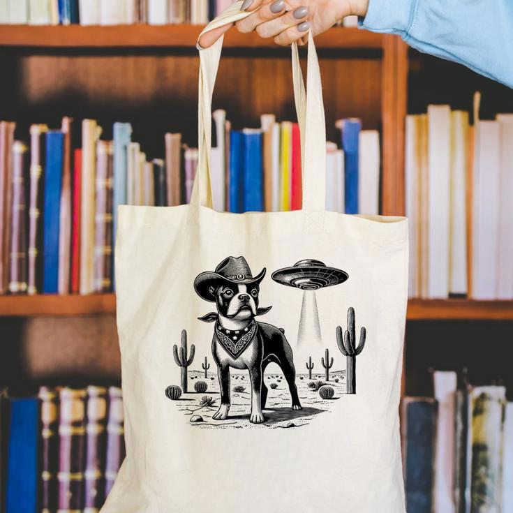Vintage Boston Terrier UFO Western Wild West Dog Mom Dad Canvas Tote Bag, Boston Terrier Mom Tote Bags, Boston Terrier Dad Tote Bags, funny gift