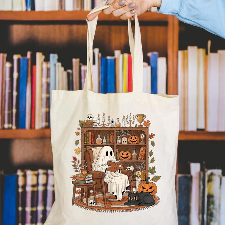 Vintage Ghost Book Reading Pumpkin Gothic Halloween Teachers Canvas Tote Bag, funny gift Vintage Ghost Book Reading Pumpkin Gothic Halloween Teachers Canvas Tote Bag, funny gift