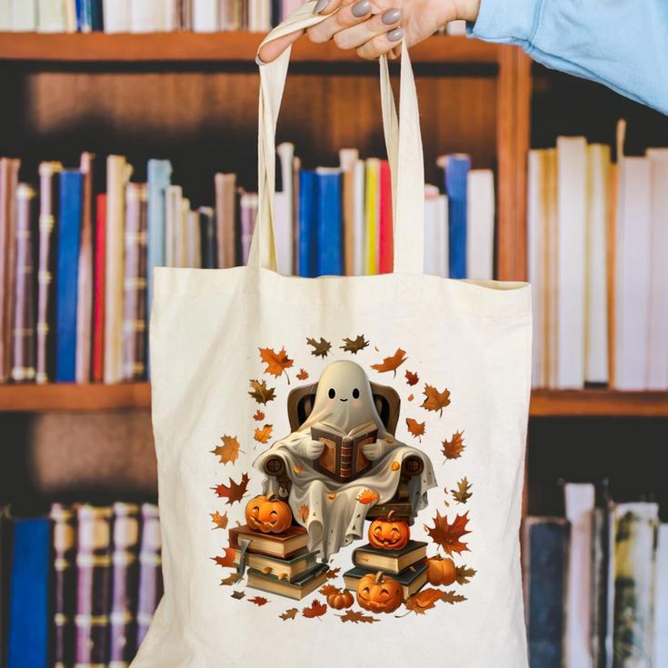 Vintage Ghost Book Reading Pumpkin Gothic Halloween Teachers Men Women Kids Canvas Tote Bag, funny gift