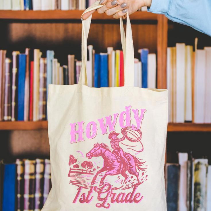 Vintage Howdy First Grade Cowgirl Teacher Western School Canvas Tote Bag, First Grade Teacher Tote Bags, funny gift