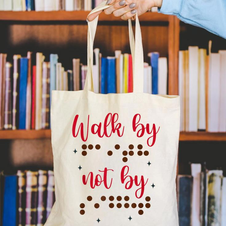 Visually Impaired Teacher Braille Bible Verse Walk By Faith Canvas Tote Bag, funny gift