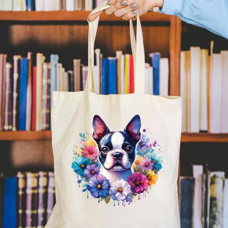 Watercolor Floral Boston Terrier Mama Dog Lover Mother's Day Canvas Tote Bag, funny gift