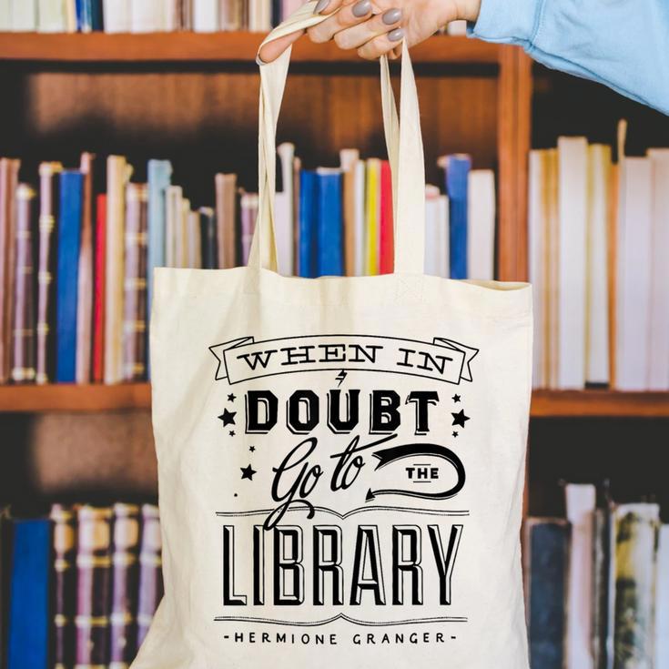 When In Doubt Go To The Library Teacher Vintage Book Lovers Canvas Tote Bag, funny gift