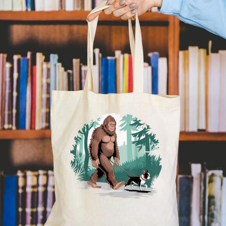 Whimsical Forest Adventures Sasquatch Bigfoot Walking Boston Terrier Dog Lovers Canvas Tote Bag, funny gift
