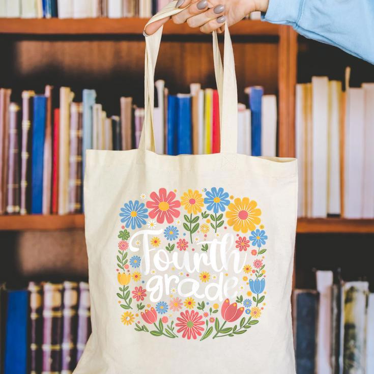 Wildflower 4th Fourth Grade Floral Back To School Teacher Canvas Tote Bag, 4th Grade Teacher Tote Bags, funny gift